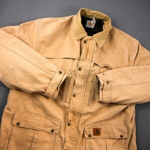 90s Carhartt Chore Faded Sandstone Sherpa Plaid Lined USA C10WET Jacket Tan XL